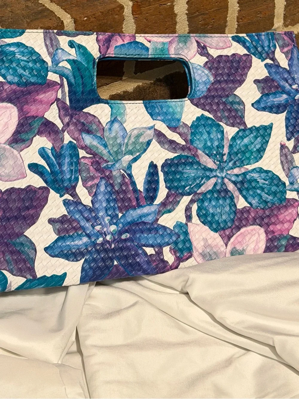 Tropical Floral Woven Clutch Bag in Blue & Purple